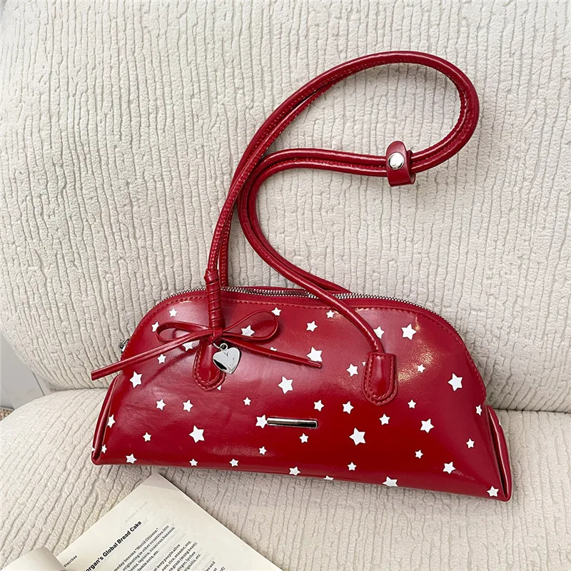 

Y2K Star Print Patent Leather Shoulder Bag for Women Cute Bow Kiss Lock PU Zipper Solid Colors Bag Vintage Retro Handbag