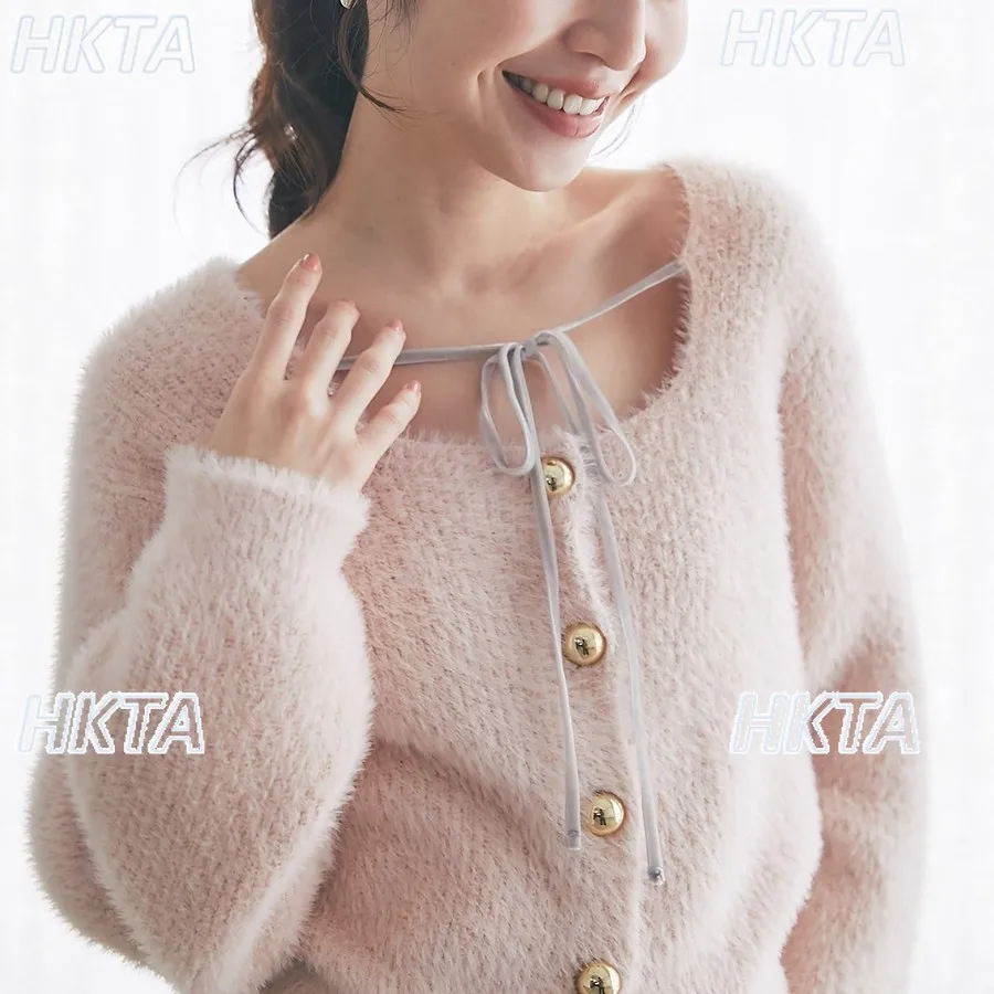 

Japanese Commuter Fluffy Plush Soft Slim Long Sleeved Knitted Cardigan Top Spring Sweet Square Neck Lace Up Short Sweater Women