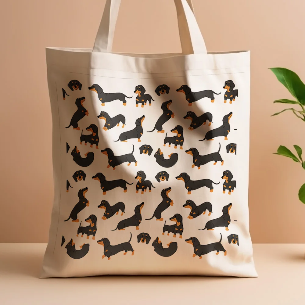 1pc, Playful Dachshund Canvas Tote Bag Reusable Grocery Bags (35.05cm x 40.13cm), Stylish Dog Lover's Tote for Daily Shopping, C
