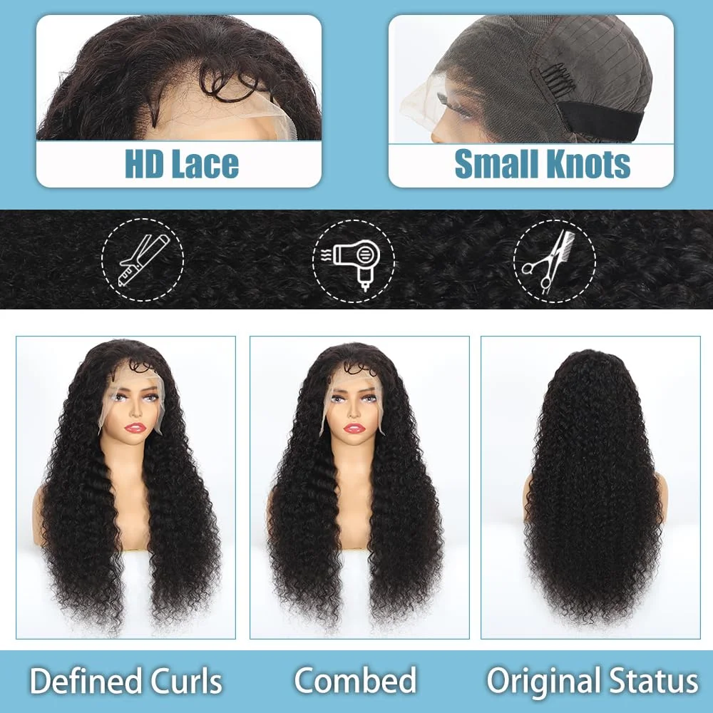 Perruques avant de dentelle de vague profonde cheveux humains pré plumés 13x6 HD perruques frontales de dentelle transparente cheveux humains 200% densité vague profonde bouclée