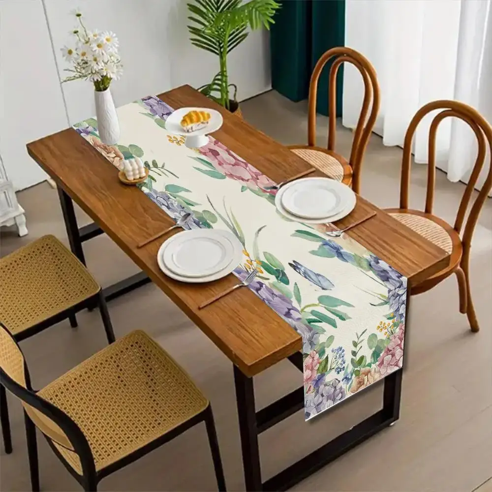Watercolor Floral Table Runner Butterfly Hydrangeas Dresser Scarves Tablecloth for Home Dining Room Kitchen Wedding Party Decor