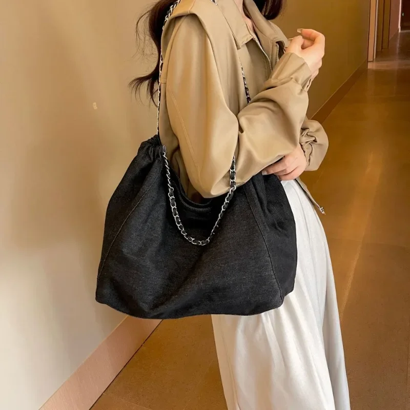 Large Capacity Denim Bag Women\'s 2024 Autumn New Korean Version Simple Shoulder Armpit Bag Casual Commuter Tote Bag