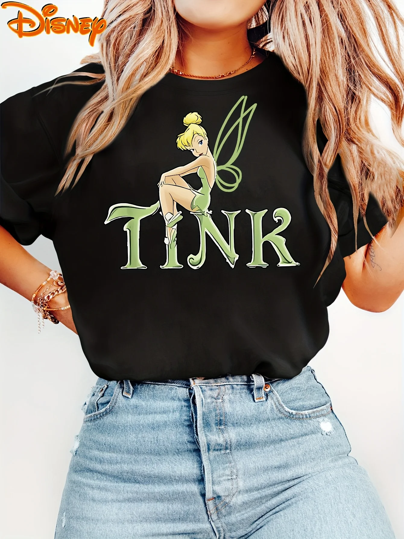 

2025 Disney Pattern Printed Women's Casual Comfortable Unique Smiling Face Black Round Neck Short Sleeve T-shirt