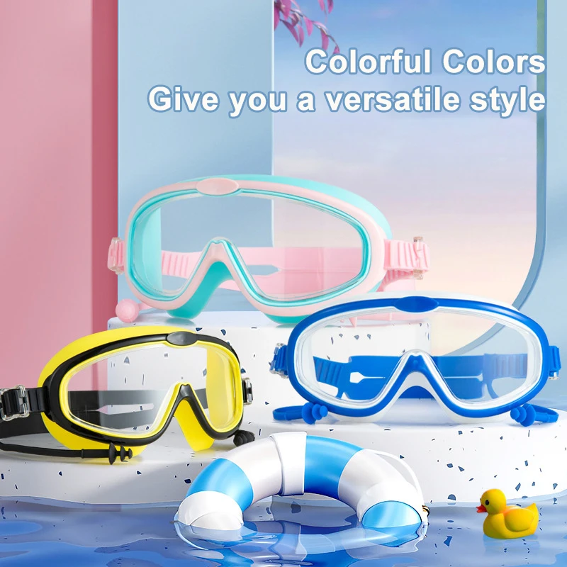 Kinder Schwimmbrille mit großem Rahmen und Ohrstöpseln, Antibeschlag-Schwimmbrille für Kinder, Jungen und Mädchen, Pool, Strandbrille, Schwimmbrille