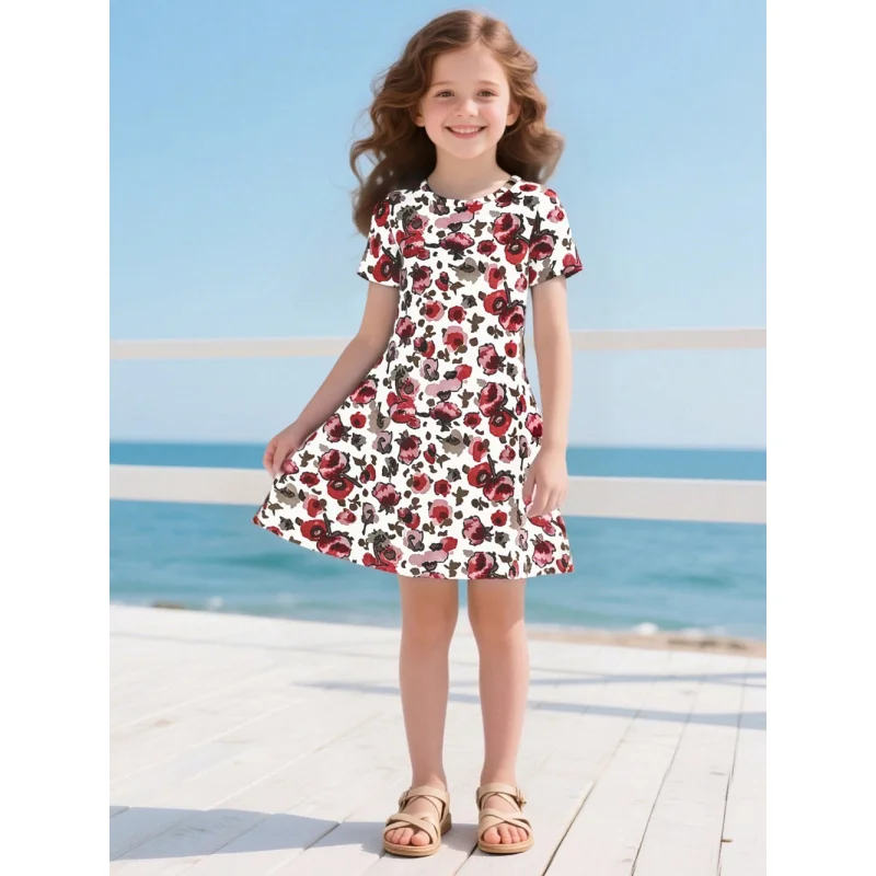

2025 Girls Fresh Style Floral Print, Short Sleeve Dress