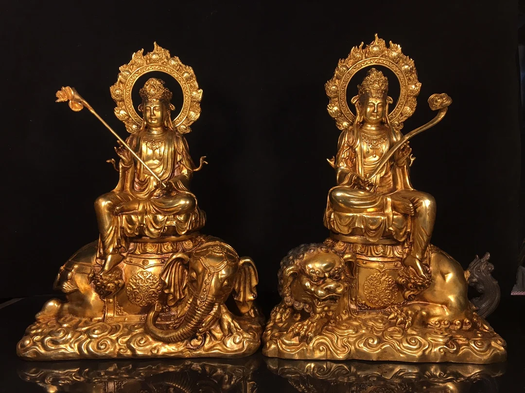 

10"Old Bronze Gilded Manjushri Bodhisattva Samantabhadra mount Sitting Buddha lotus platform Worship Hall Town house