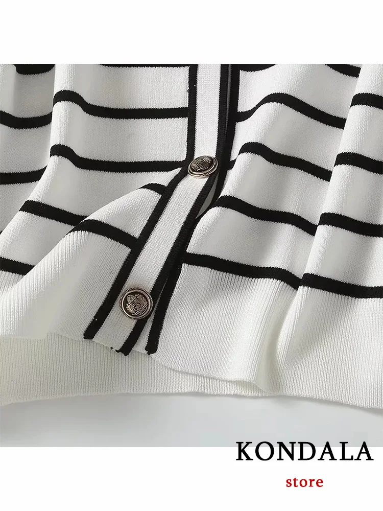 KONDALA Vintage Casual Chic kobiety Top w paski jednorzędowy z okrągłym dekoltem i półrękawem dzianinowy Top nowa moda 2023 jesienne wakacje Top