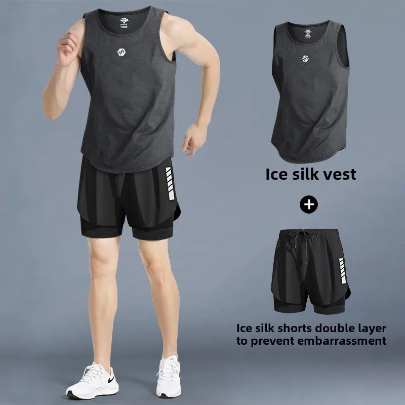 Sommer-Sport-Set für Herren, Weste, Eisseidenstoff, atmungsaktiv, Fitnessbekleidung, kurze Hose, Tank-Top, Laufausrüstung für sportliches Training