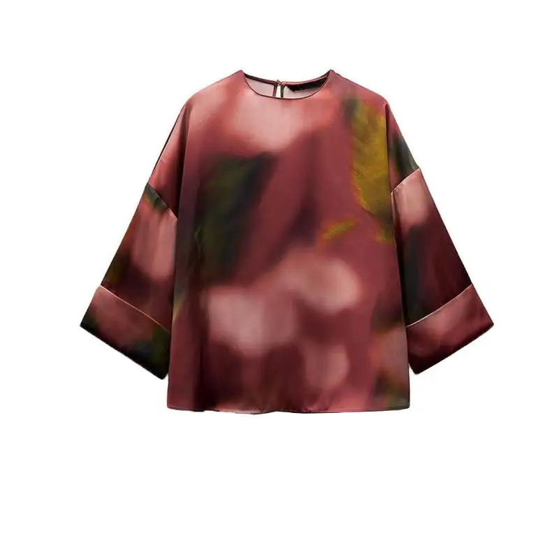 Autumn Winter Loose Fit round Ne Long Sve Printed Silk Satin Feel Women's irt Comfortable Casual Commute Sle 27505