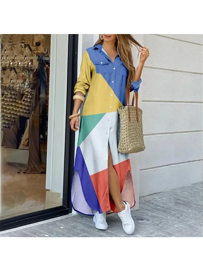 Women\'s Long Sleeved Printed and Ankle Skirt Casual Commuting Long Skirt Spring and Autumn Lapel Button A-line Skirt