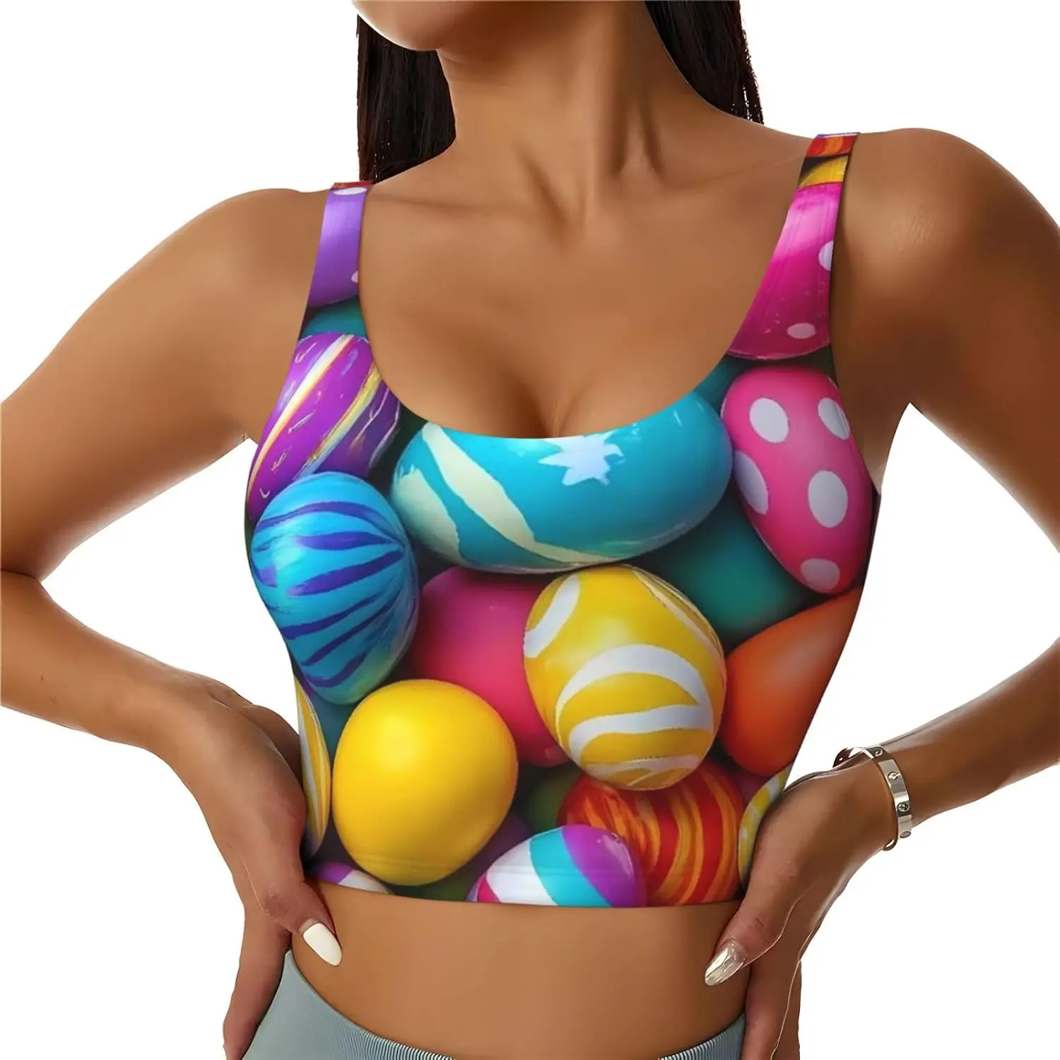 Colorful Easter Eggs Pattern Racerback Sports Bras for Women Support Bra for Yoga Gym Workout Fitness