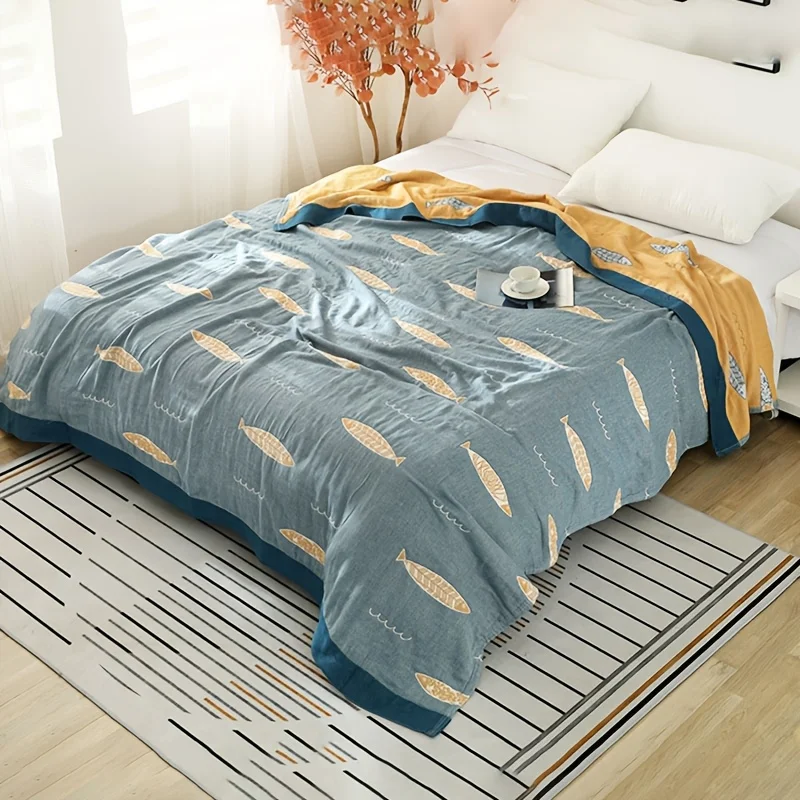 100% Cotton Gauze Blanket Cute Fish Pattern, Multi-use Throw Bed Sheet Sofa Cover Nap Blanket, Machine Washable, Gift Ready