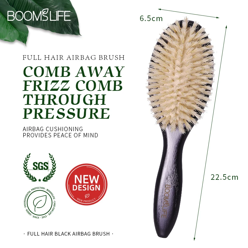 BOOMSLIFE Black Color Boar Bristle Hair Brush Custom USA Oak Wood Comb Women Scalp Massage Detangle Hair Comb Barber Accessories
