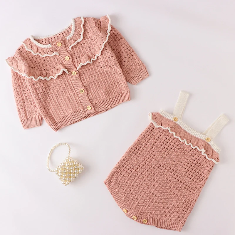 

Autumn Winter Infant Baby Girl Knitting Clothes Set Long Sleeved Cardigan Coat+Jumpsuit Children Knitted Clothing Suit