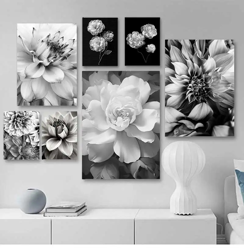 Black and white floral wall art canvas painting, Home Decor Poster, bedroom decoration, Nordic abstract flower photos