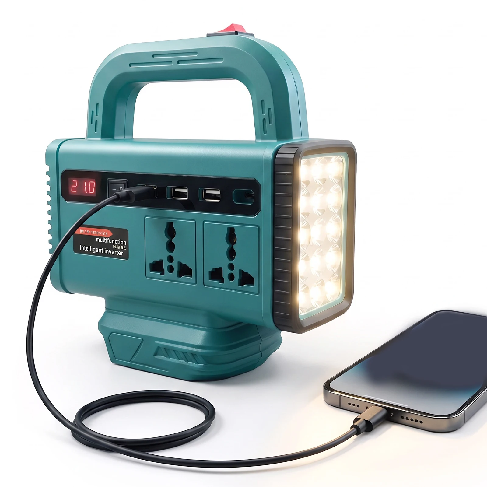 6-in-1 Power Inverter 150W DC 18-21V to AC 220V with 15 LED Flashlight USB 3.0 Type-C Modified Sine Wave Outdoor
