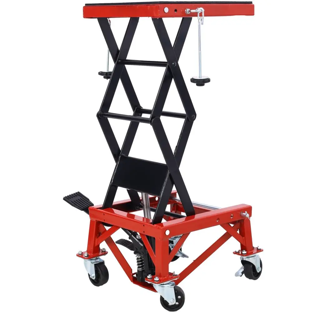 300 lbs Hydraulic Motorcycle Scissor Jack Lift Foot Step Wheels for Small Dirt Bikes,red color