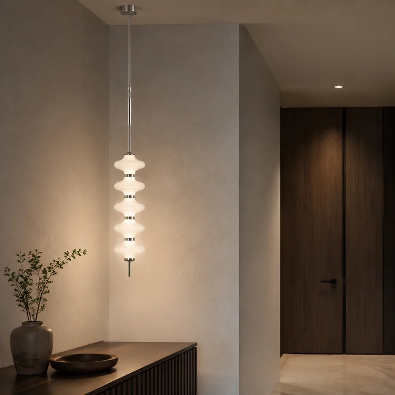 Modern Sculptural Glass Ribbed Disc Column Designer Suspension For Dining Room Bedroom Study Living Room Hallway Pendant Lamp