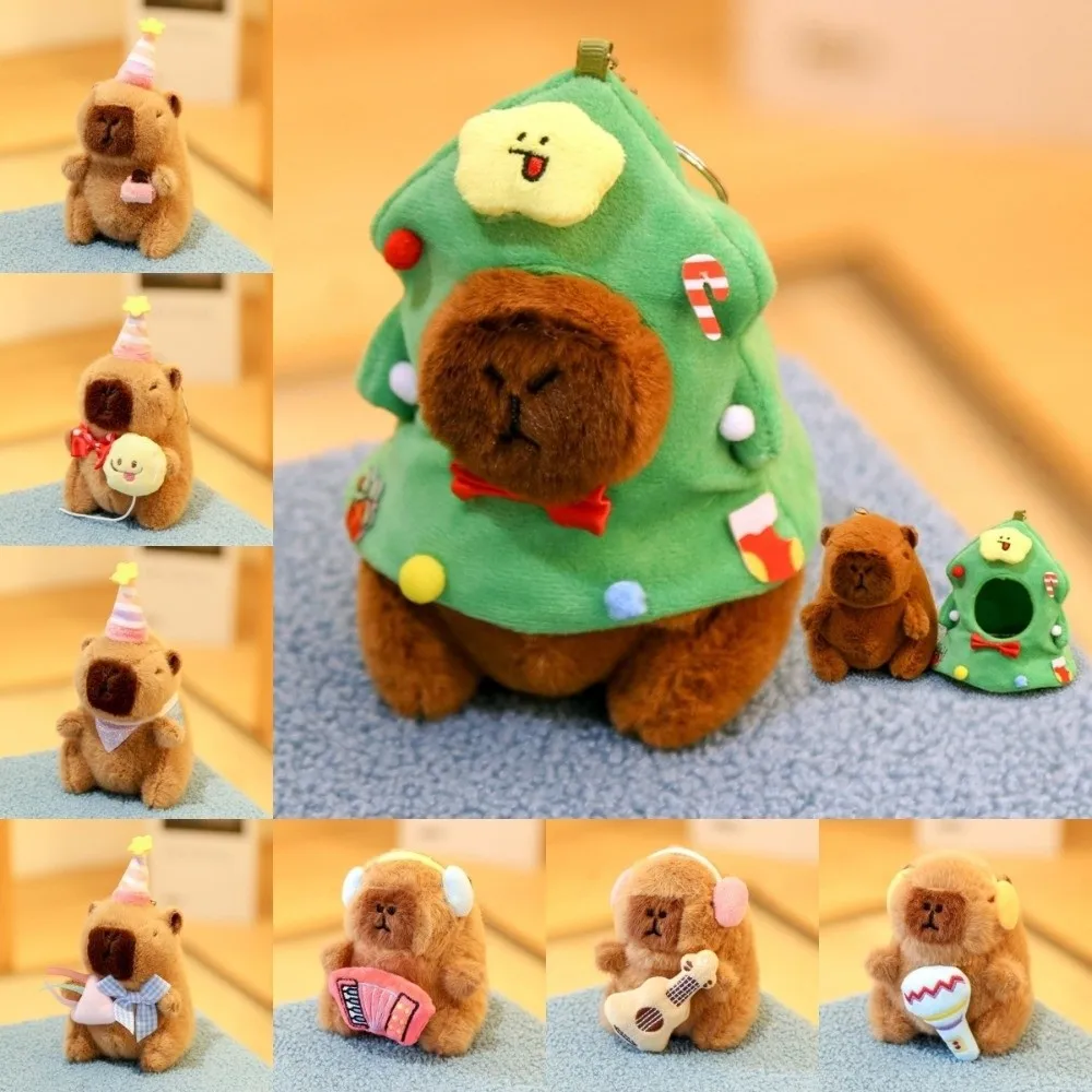 Capivara macio brinquedo de pelúcia boneca com instrumentos tamanho pequeno chaveiro de pelúcia tema festa animais bonitos saco pingente presente das crianças