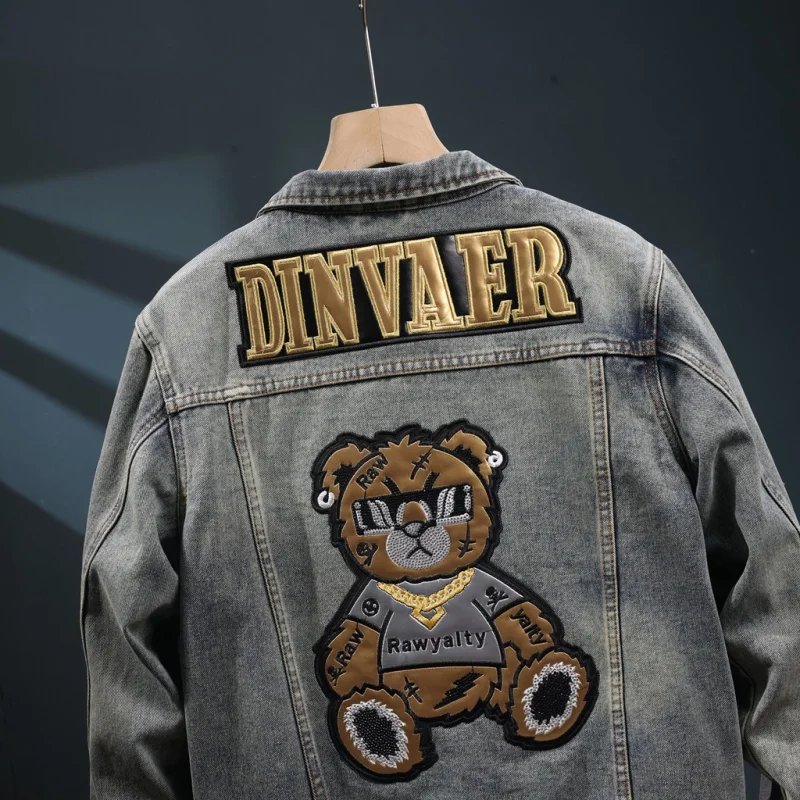 

2024 New Street Fashion American Retro Denim Wear Men's Locomotive Korean Style Pu Shuai Bear Embroidery Jacket