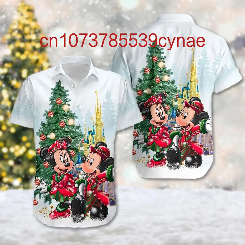 2024 New Mickey Christmas Hawaiian Shirt Casual Beach Shirt Men's Women Button Up Shirt Disney Fashion Beach Shirt