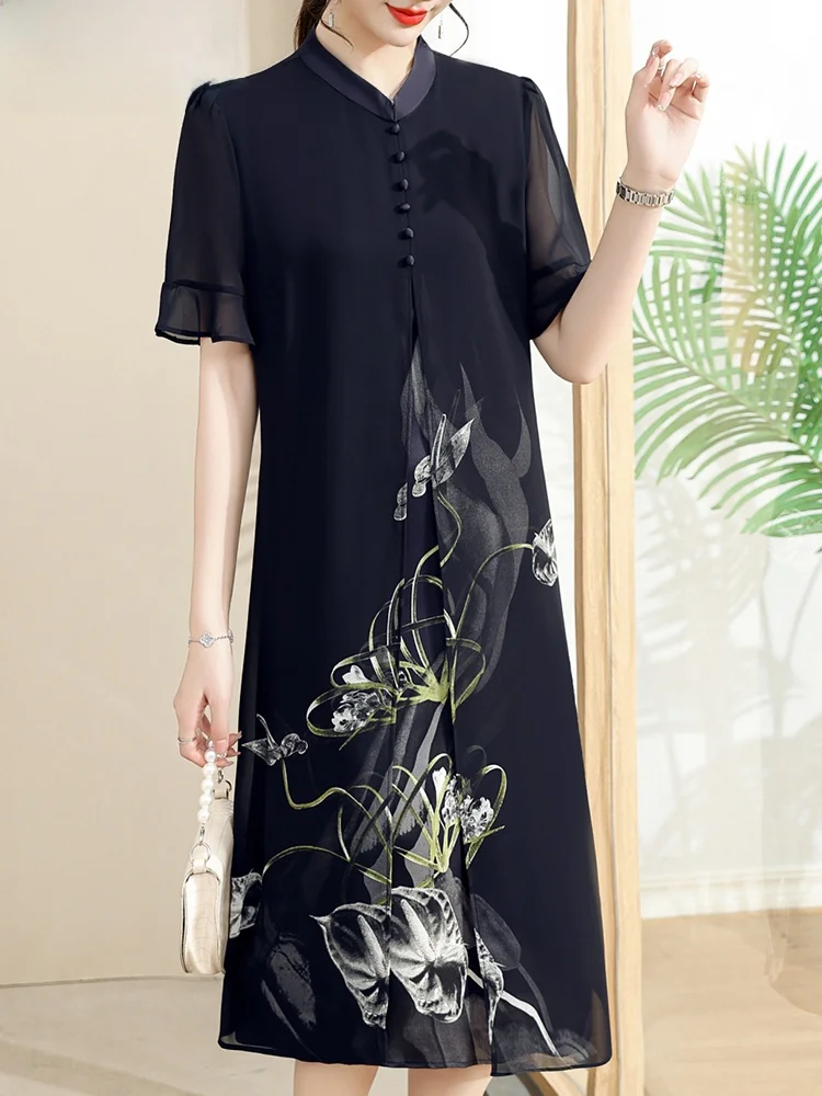 

New 2025 Fashionable Mid-aged Mom Summer Dress Style Women's Mid-aged New Chinese Style Reformed Qipao Skirt