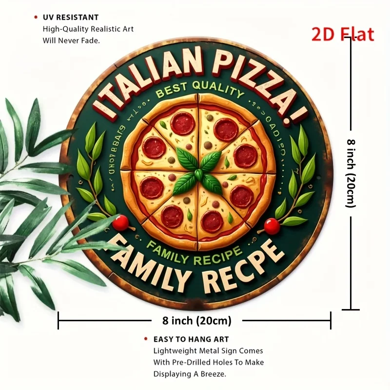 [2D Flat] 1 pieza 20,32x20,32 cm Arte de pared de metal de pizza italiana de estilo vintage - Letrero de aluminio rústico con diseño "Pizza italiana", fácil
