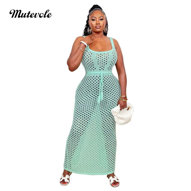 Mutevole Women Summer Beach copricostume lungo lavorato a maglia Sexy Back Split Bandage Crochet Sundress