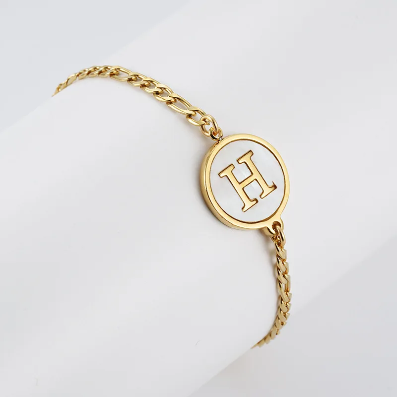 Stainless Steel Shell Initial Letter Bracelet for Women Men Round A-Z Alphabet Bracelets Chain Adjustable Jewelry Waterproof