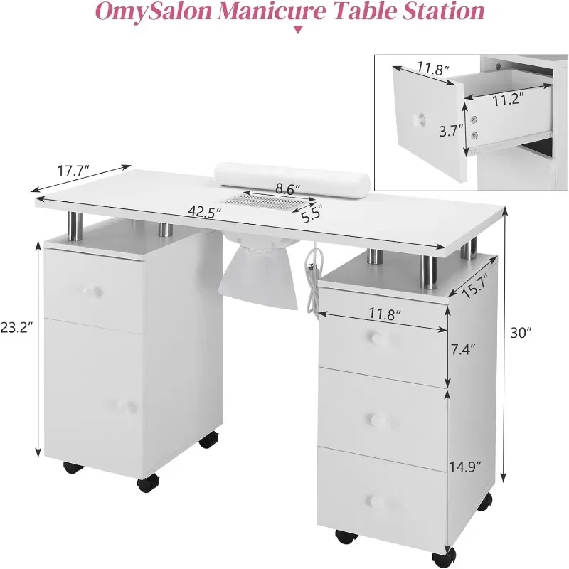 Manicure Table Nail Desk for Nail Tech, Nail Table Station W/Electric Dust Collector, Makeup Storage for Beauty Salon