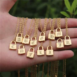 Initial Padlock Necklace Stainless Steel Lock Pendant Necklaces Minimalist Jewelry for Women Men Old English Letter Choker Gift