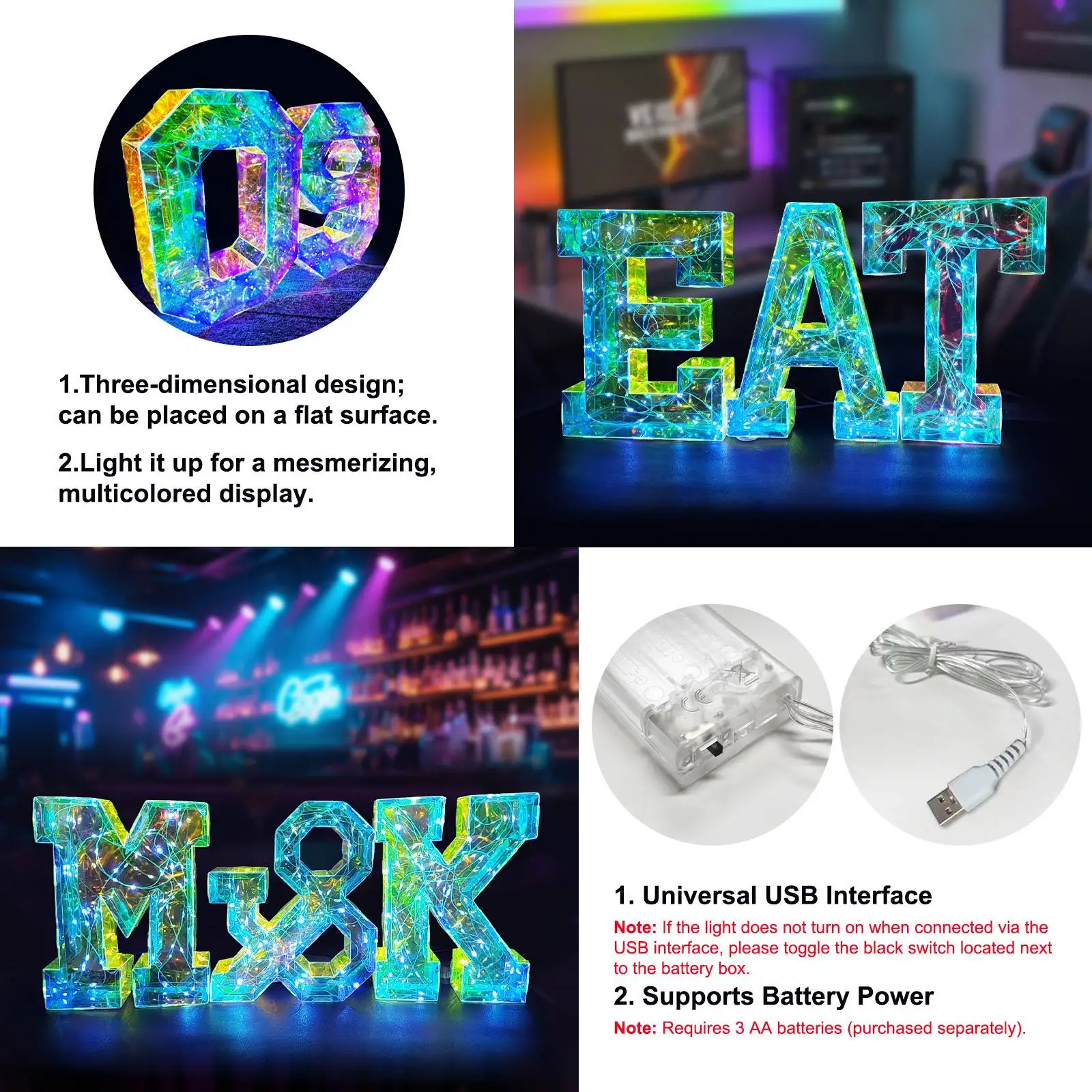 Mehrfarbige LED-Leuchtbuchstaben & -Zahlen, Glamouröser Stil mit Dual-Power-Batteriekasten-Design, Tragbare Beleuchtete Innendekoration, Perfekt – Detail 4