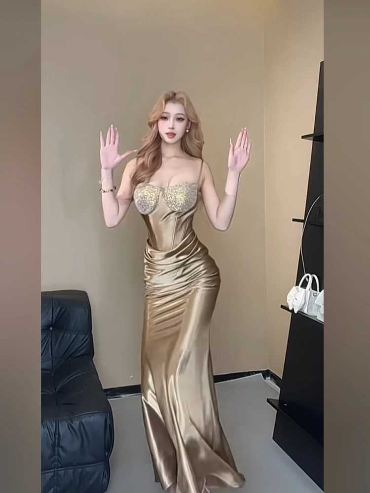 Sexy Fibone Strap Dr Glitter Patchwork Bodycon Skirt High Waist Long Sve Women's Faion Design Sensual Ciwalk Dr