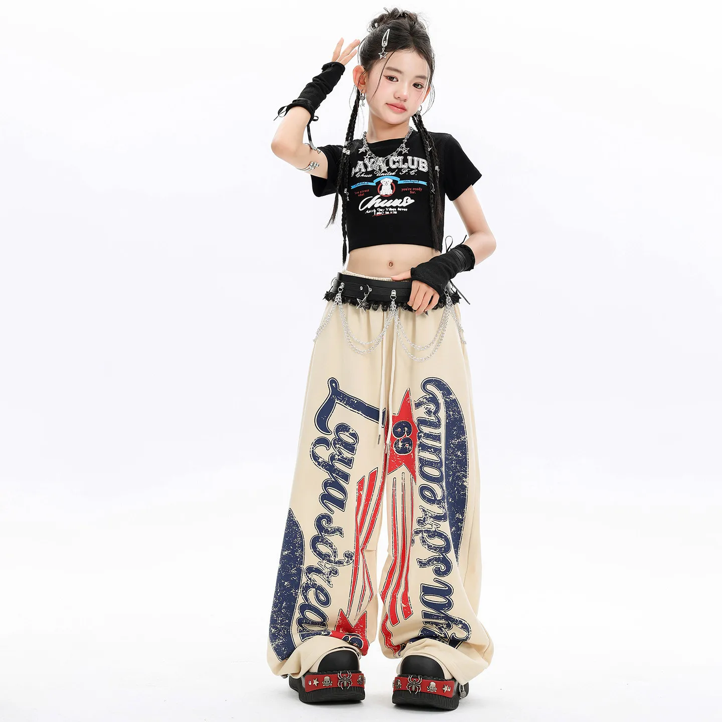 

Kid Kpop Hip Hop Clothing Black Print Crop T Shirt Beige Letters Print Casual Sweat Pants for Girls Street Dance Costume Clothes