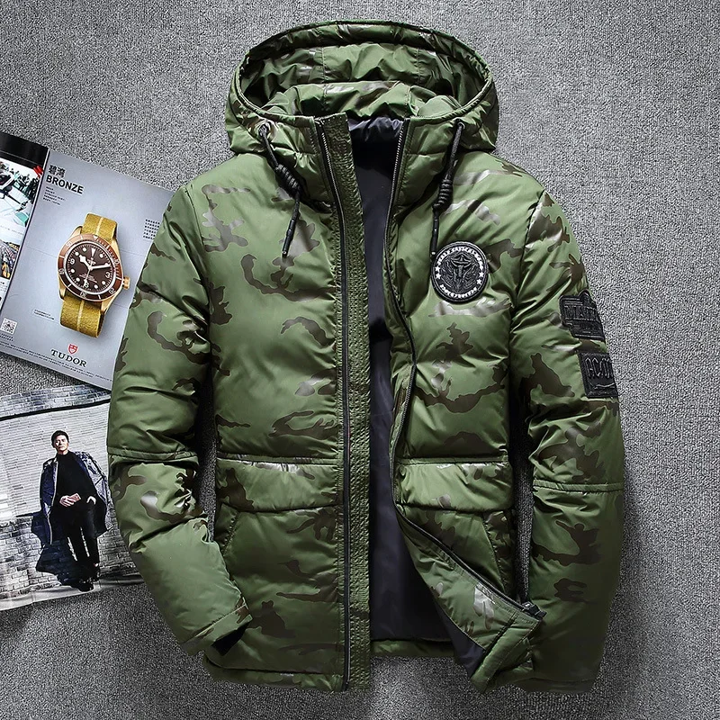 Camo Down Jacket Men Winter Thick Warm Casual Slim Zipper Hooded Coat Overcoat Windbreaker White Duck Down Parkas