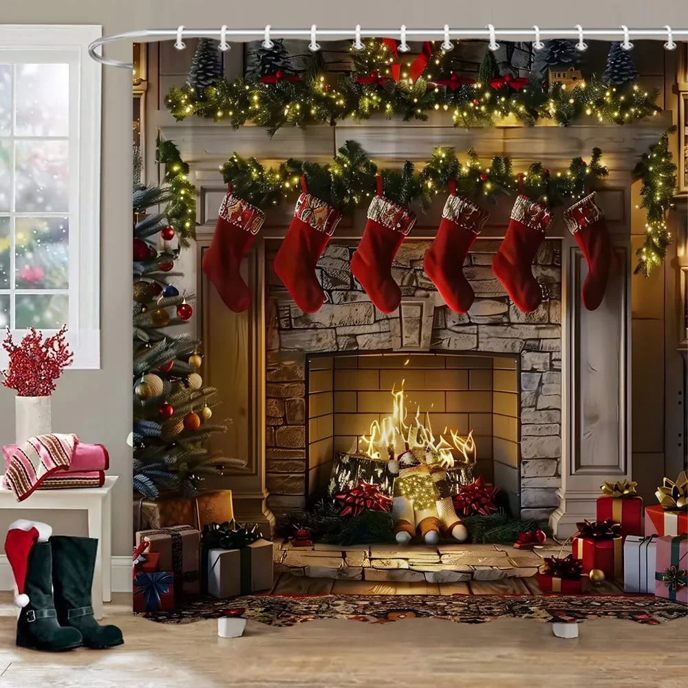 

Рождественская занавеска для душа с принтом, милый снеговик, красный грузовик, рождественская елка, носки, подарки, зимняя ткань, занавески для душа, декор для ванной комнаты