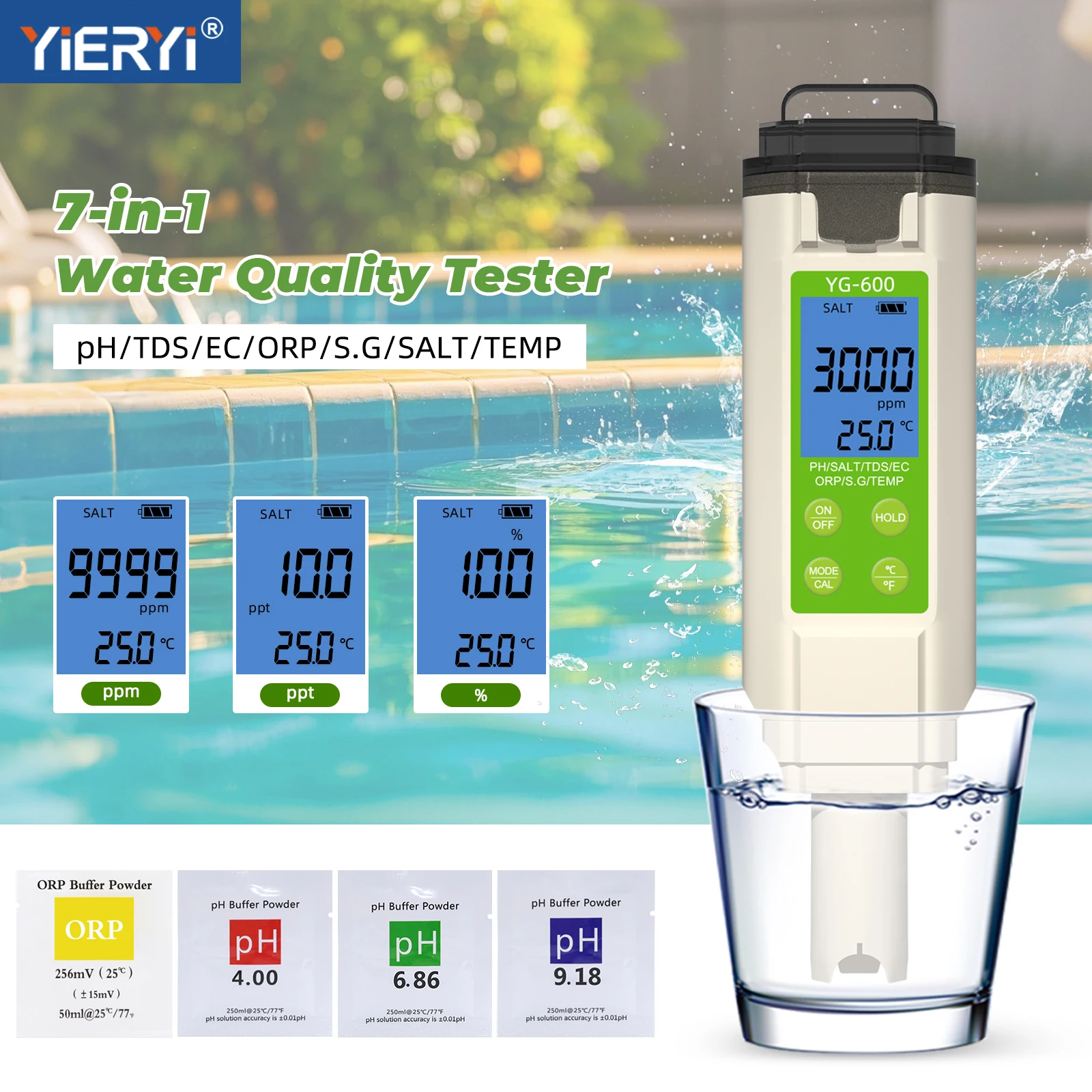 Yieryi Digitaler 7-in-1 Wasserqualitätstester Hochpräzises pH-Messgerät TDS EC ORP S.G. Salzgehalt Messgerät für Aquarium Salzwasser Fischteich Schwimmbad Trinkwasser