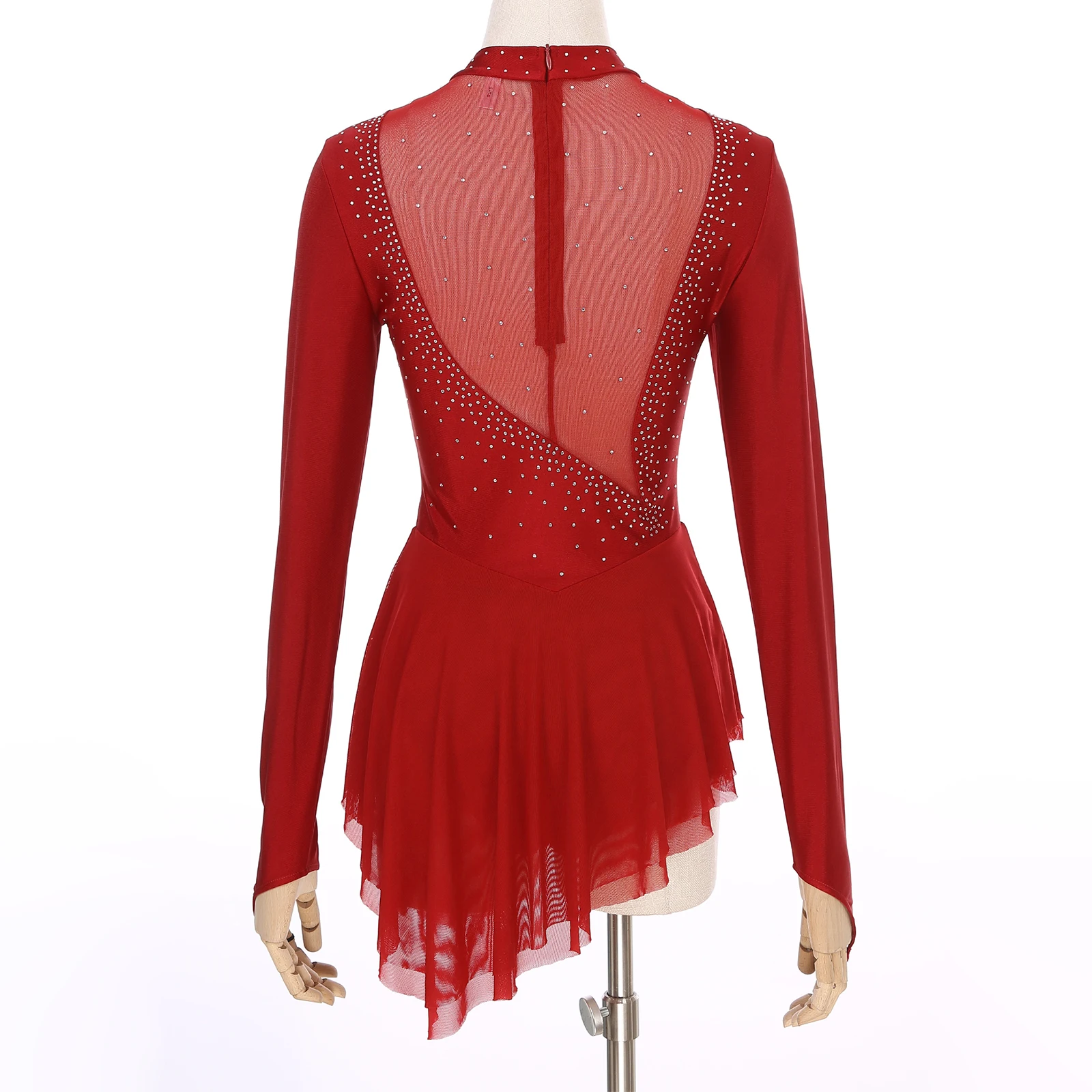 Women\'s Long Sleeves Figure Skating Dress Adults Performance Costumes Glitter Rhinestones Ice Skating Ballet Dance Leotard Dress