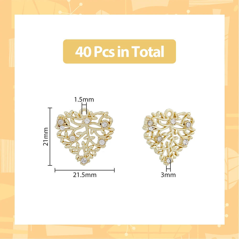 40pcs Heart Charms with Branch and Leaf Charms Filigree Heart Pendants Alloy Pendants Light Gold Rhinestone Heart Charms