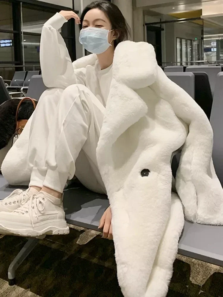 Winter Oversized Purple Warm White Faux Fur Coat Women Long Sleeve Double Breasted Loose Casual Soft Fluffy Jackets for Women