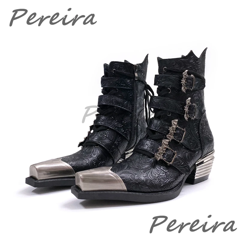 Men's Iron Pointed Toe Thick Heel Chelsea Boots Retro Multi Metal Belt Buckle Western Cowboy Boots Street Style Trend Male Shoes