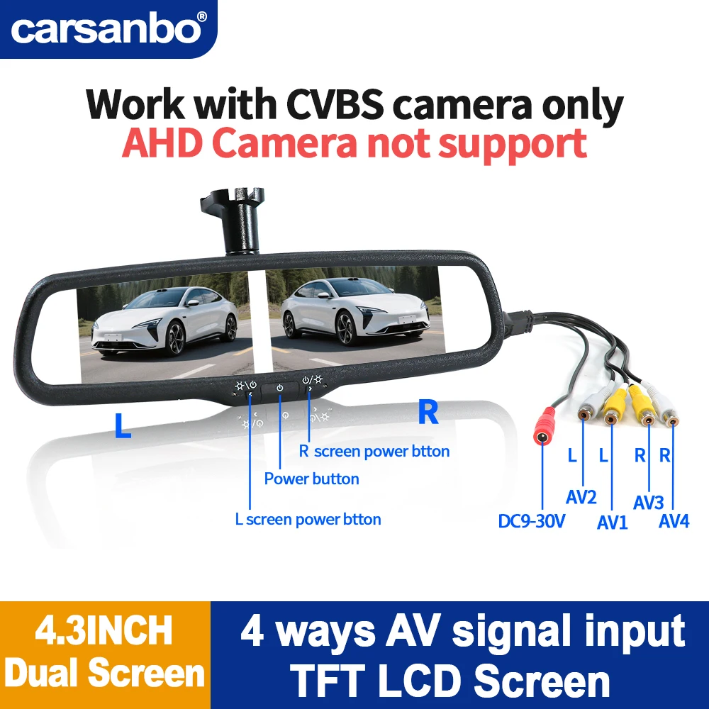 

Автомобильный монитор Carsanbo 4.3 дюйма с двумя TFT LCD экранами для зеркала заднего вида, с кронштейном OEM №1, сигналом CVBS и 4-канальным RCA