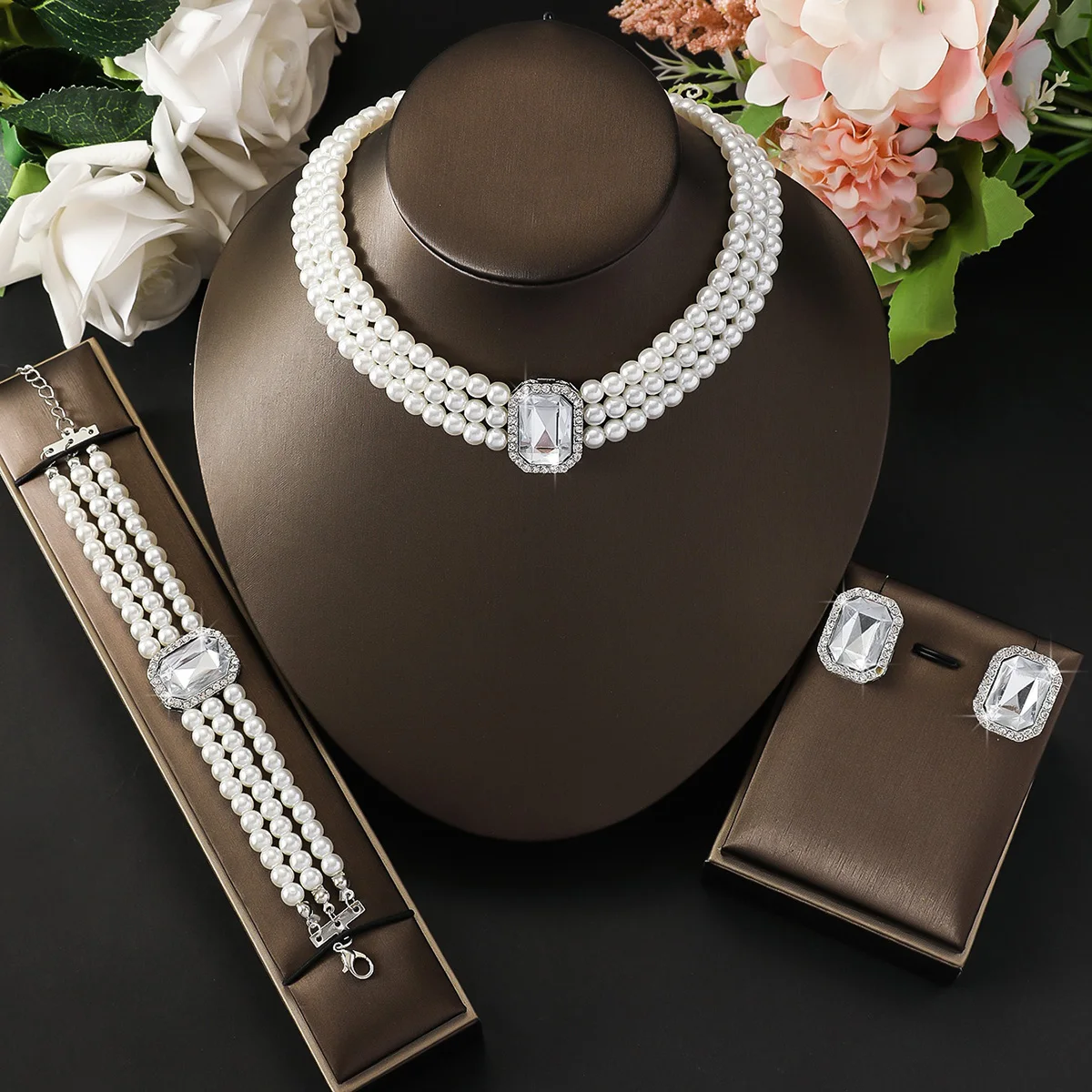 Elegant Pearl Jewelry Set 4pcs (Necklace + Bracelet + Earrings) White Pearl with Crystal for Women Wedding Party Gift