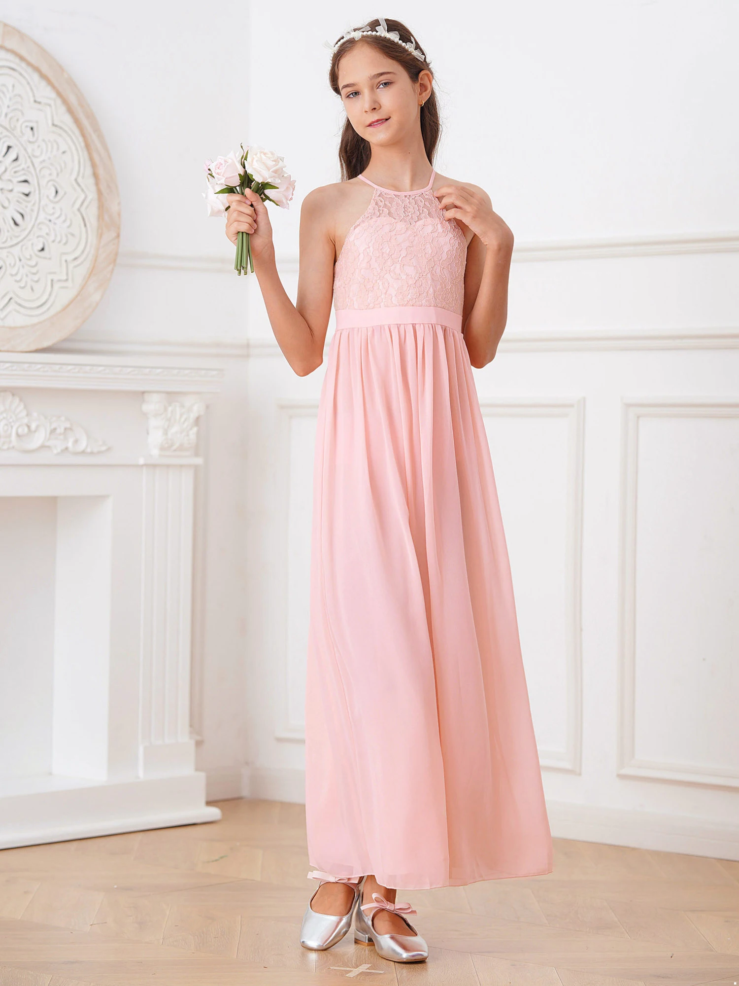 Girls Lace Chiffon Flower Girl Dress Sleeveless Elegant Princess Pageant Wedding Bridesmaid Birthday Party Long Gown Vestido