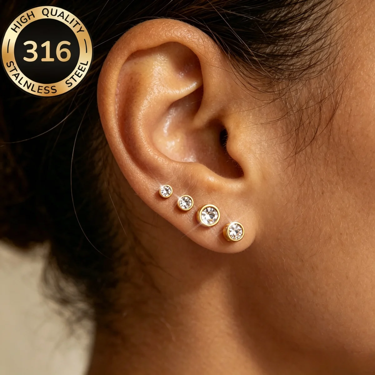 316L Titanium Steel Minimalist Twist Back Round Cubic Zirconia Stud Earrings Anti-allergy For Women Men 3-7mm Christmas Party