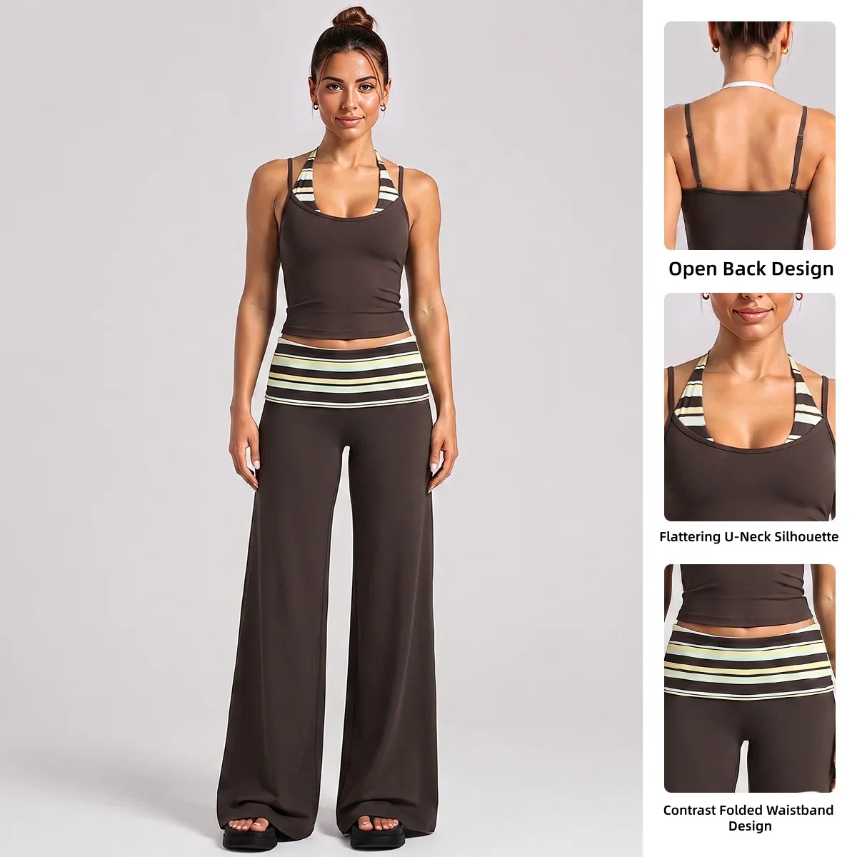 New  Womens 2 Piece Yoga Set Color Block Stripes Quick Dry Open Back Crop Top Running Fitness Outdoor Activewear