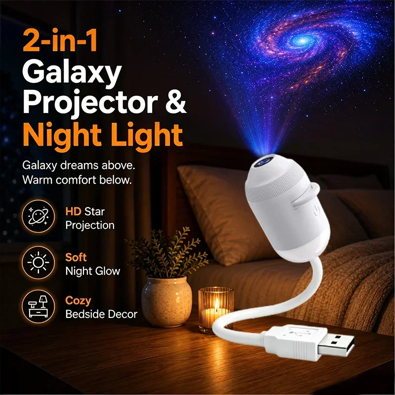 Projecteur d'étoiles USB 2-en-1, lumière de nuit 360° °   Projecteur rotatif d'étoiles et d'aurores boréales pour l'intérieur de la voiture et la chambre à coucher