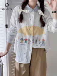 New Summer Cotton Long Sleeve Shirt, Women Lapel Cartoon Print Tops, Mori Girl Casual Loose Literature Blouse, Autumn T48681QC