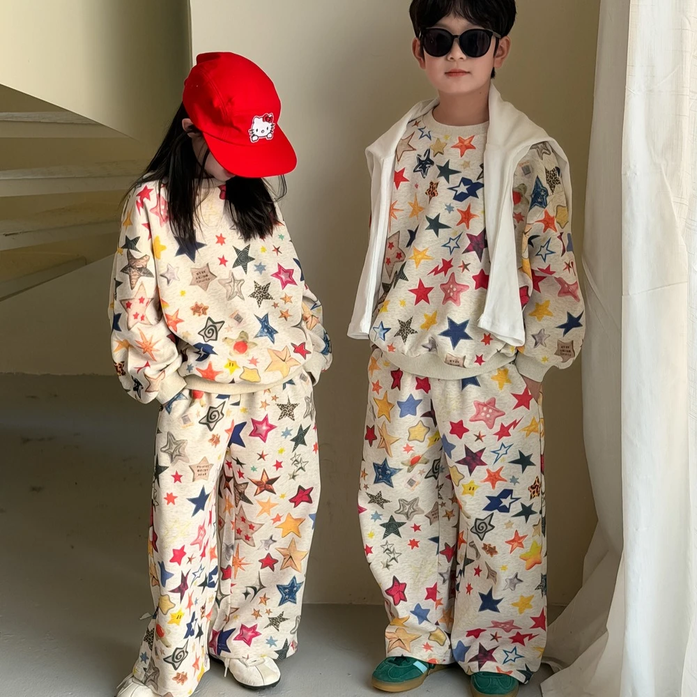 1191 Children's Suit 2026 Spring And Autumn New Baby Girl's Suit Full-page Printing Two-piece Suit Casual Boy's Sweater+ Pant