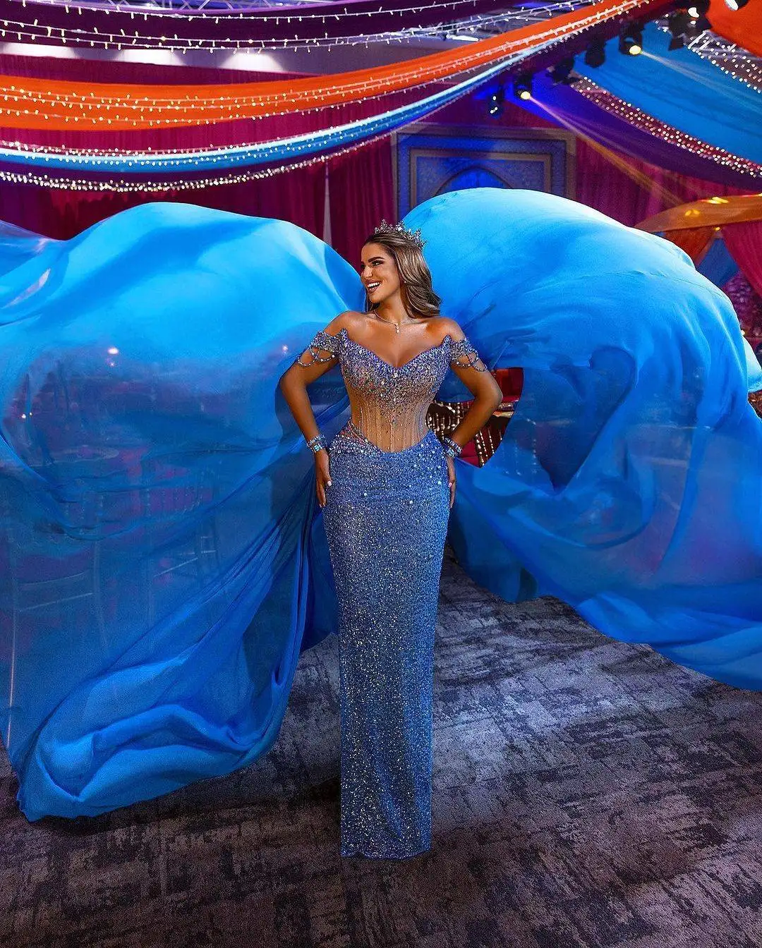 Luxe pailletten zeemeermin galajurken off-shoulder mouwloze overrok avondjurken kralen kristal feest op maat